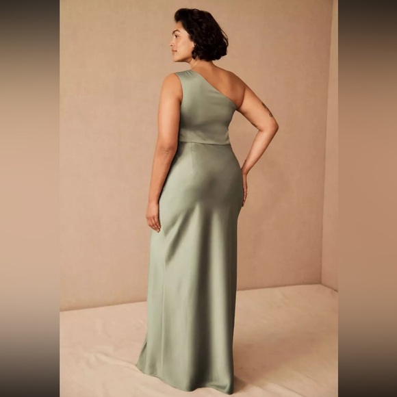Anthropologie Bhldn Dylan One-Shoulder Satin Side-Slit Gown in Moss - Picture 2 of 10